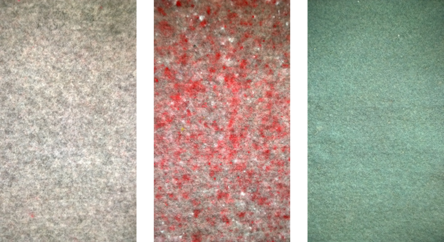 Vasemmalla vaalea huopa, keskellä punainen huopa ja oikealla vihreä huopa.